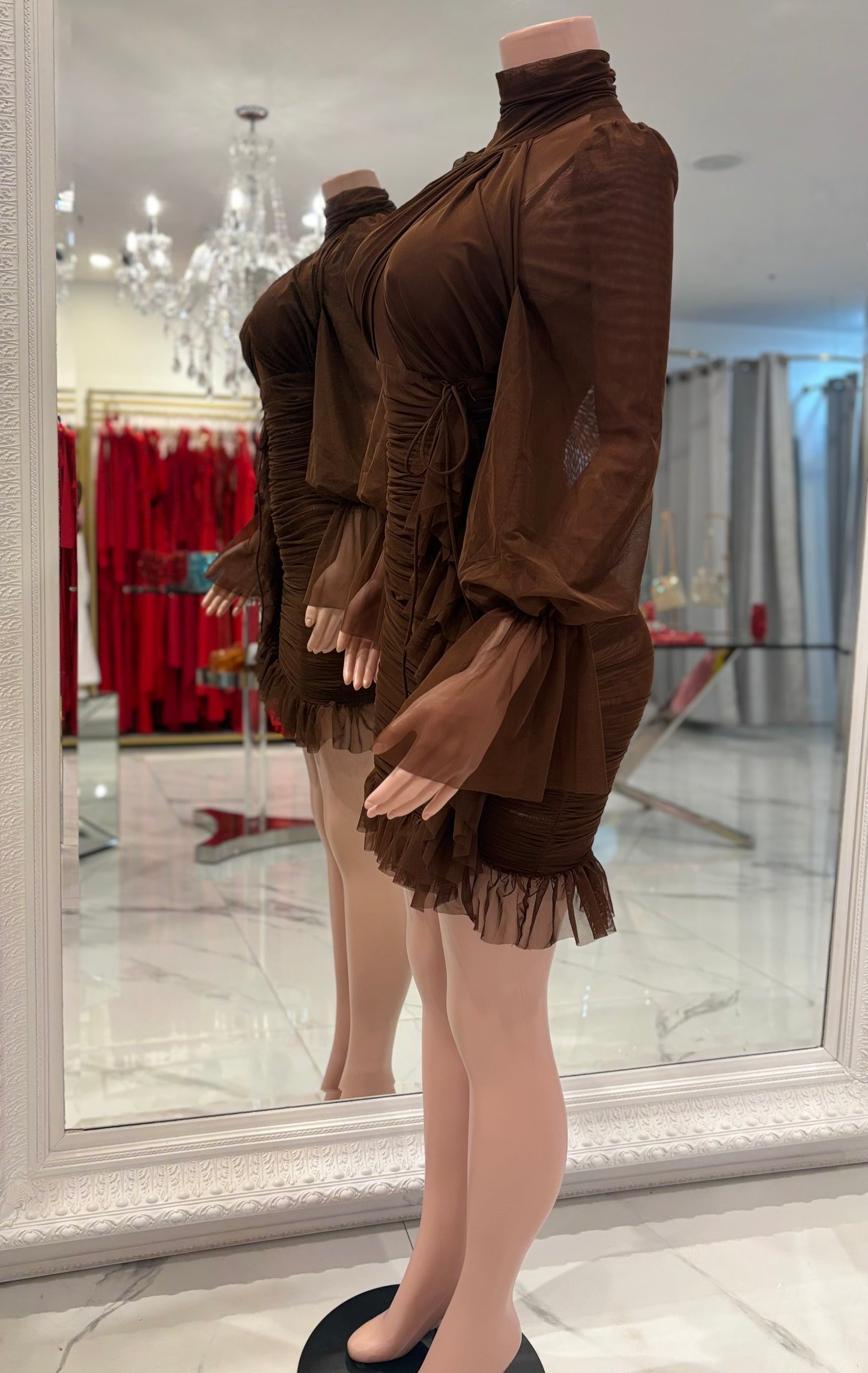 Thinkin About Us Mesh Ruched Mini Dress Brown
