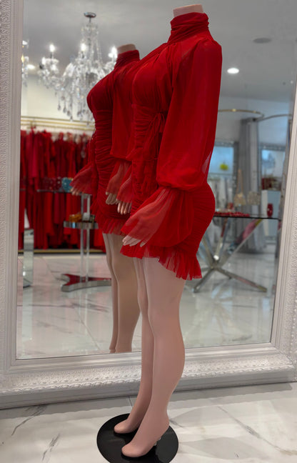 Thinkin About Us Mesh Ruched Mini Dress Red