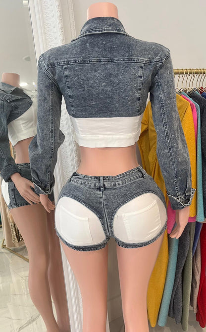 Contrast Denim Short Set