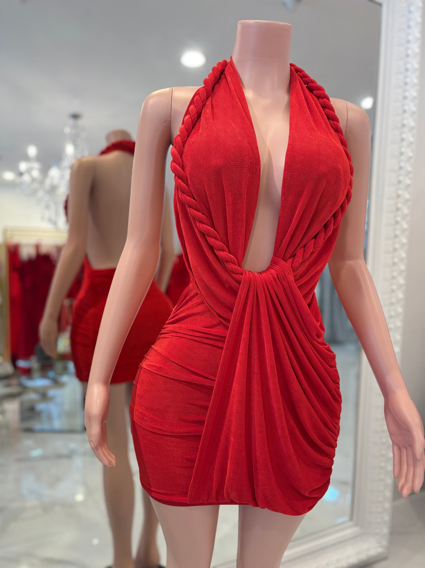 Braid of Desire Ruched Mini Dress Red