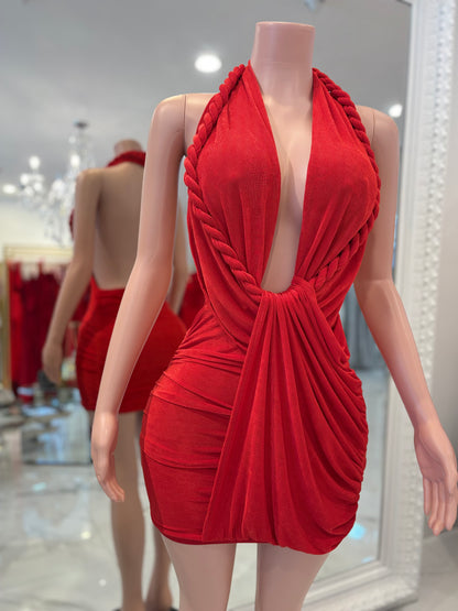 Braid of Desire Ruched Mini Dress Red