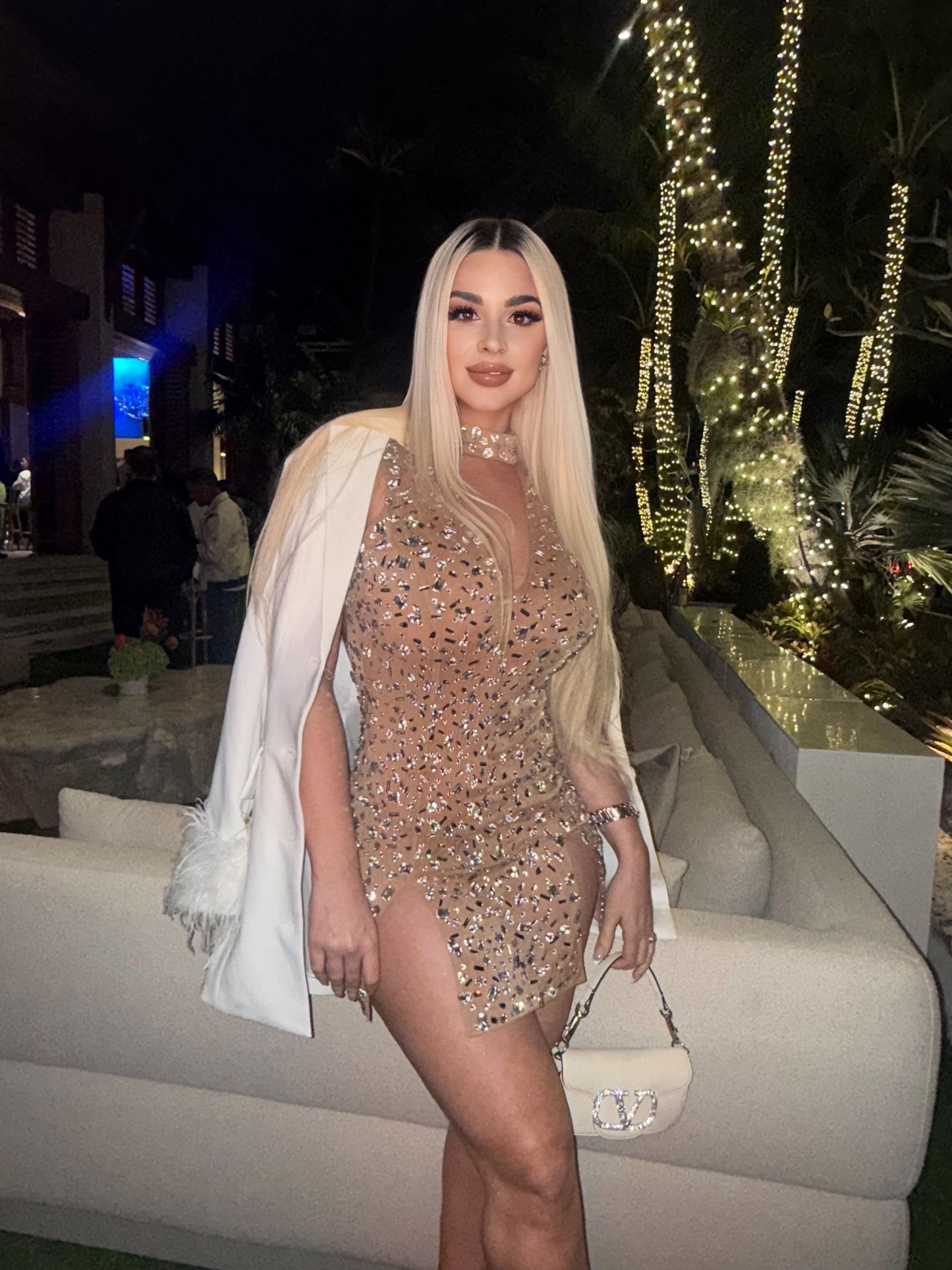 Prismatic Allure Rhinestone Mesh Mini Dress Nude