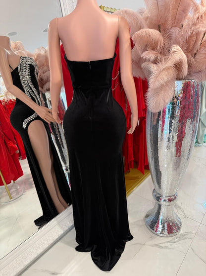 Obsidian Reverie Velvet Rhinestones Maxi Dress Black