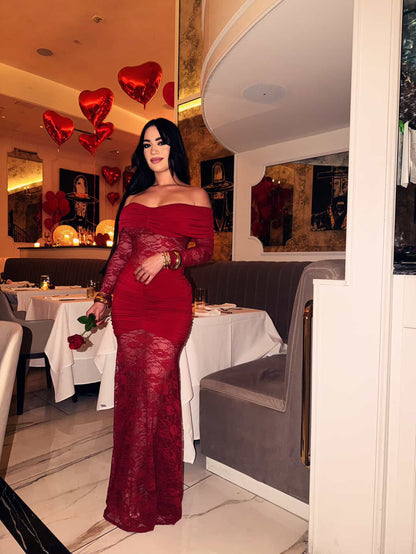 Mony Essence Lace Ruched Maxi Dress Rojo Vino