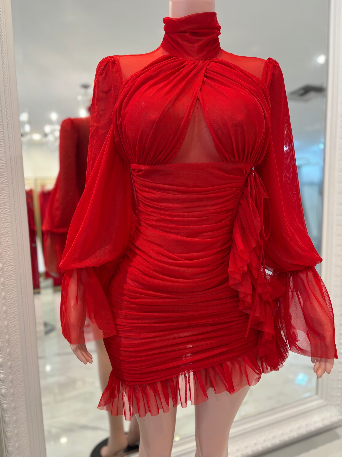 Thinkin About Us Mesh Ruched Mini Dress Red