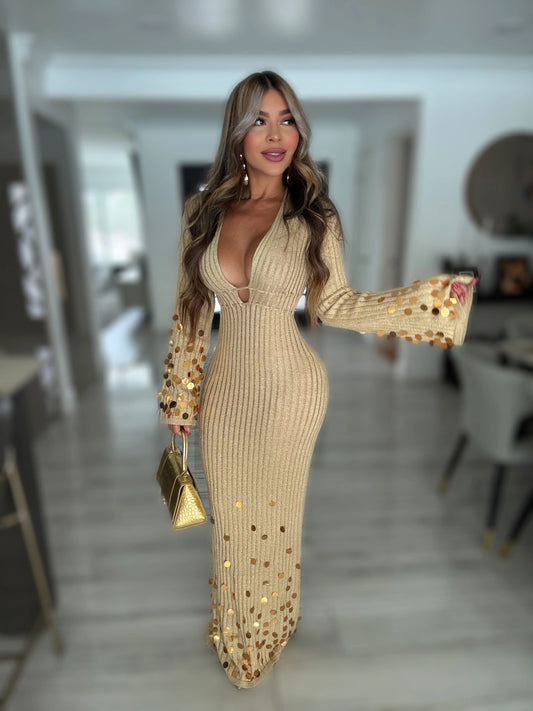 Solstice Glow Knit Sequin Maxi Dress Gold