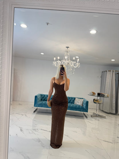 Goddess Sway Rhinestones Ruched Maxi Dress Brown