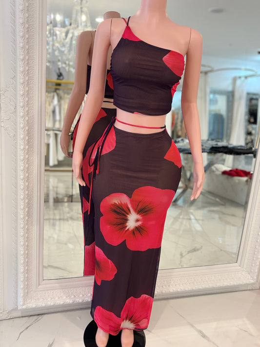 Hibiscus Heat Mesh Floral Skirt Set Red