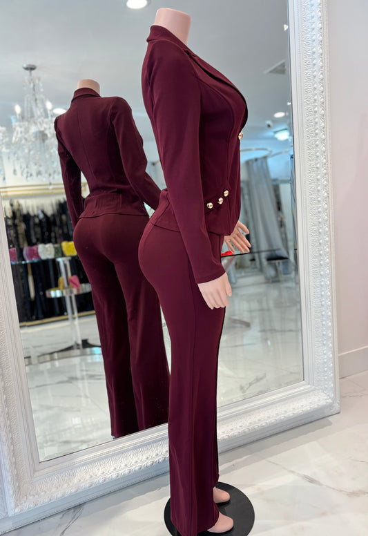 Boss Lady Button Detail Pants Set rojo vino