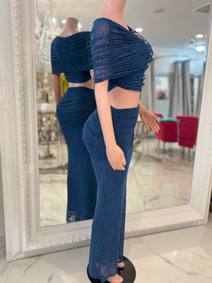 Linked Desire Mesh Ruched Skirt Set Blue