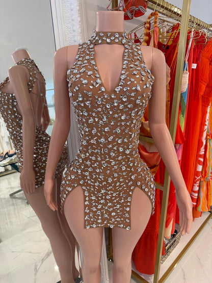 Prismatic Allure Rhinestone Mesh Mini Dress Nude