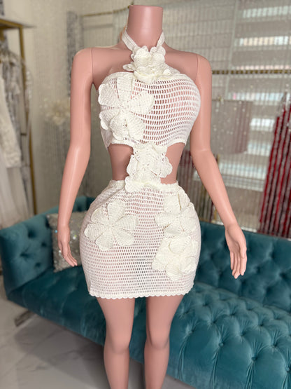 Lune Blanche Floral Crochet Mini Dress White