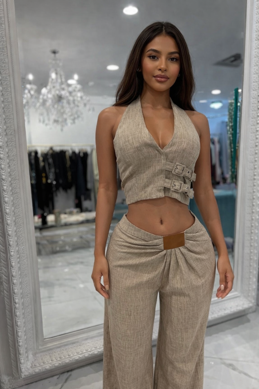 He’ll Never Need To Know Pant Set Beige
