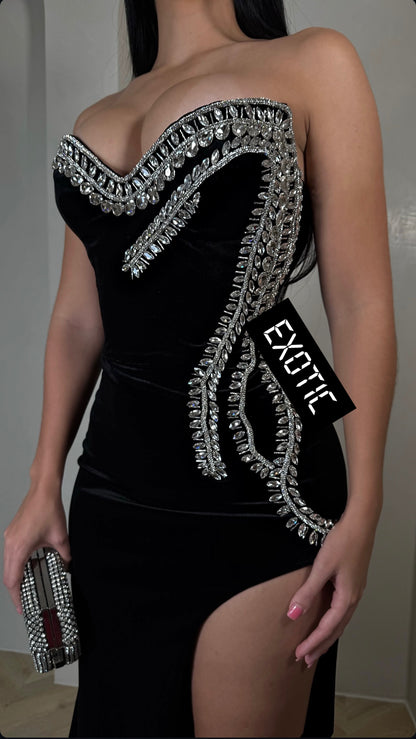 Obsidian Reverie Velvet Rhinestones Maxi Dress Black
