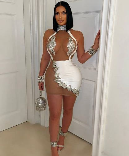 Plot Twist Faux Leather Rhinestones Mini Dress White