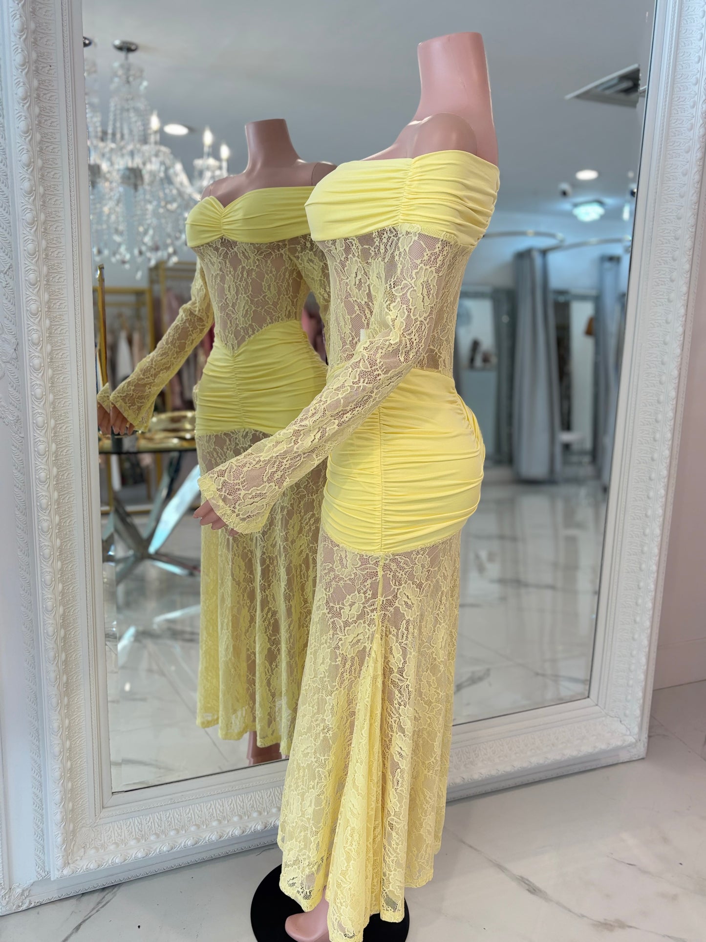 Elisa Lace Ruched Maxi Dress Hello