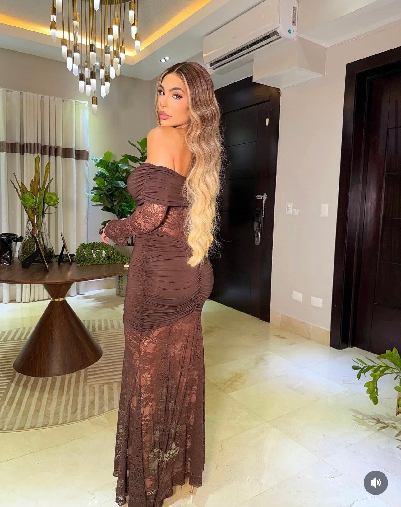 Elisa Lace Ruched Maxi Dress Brown