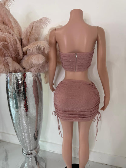 Deny Glow Ruched Rhinestones Skirt Set