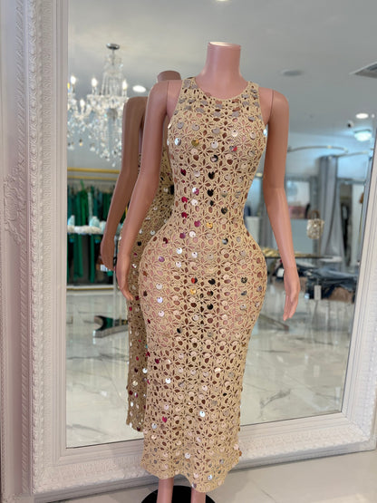 Floral Crochet Sequin Maxi Dress Nude