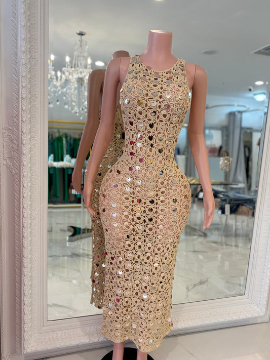 Floral Crochet Sequin Maxi Dress Nude