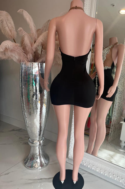 Chantel Mesh Rhinestones Mini Dress Black