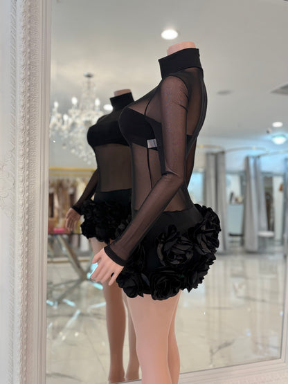 Bloom Veil Mesh Floral Mini Dress Black