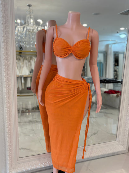 Mely  Mesh Ruched Skirt Set Orange