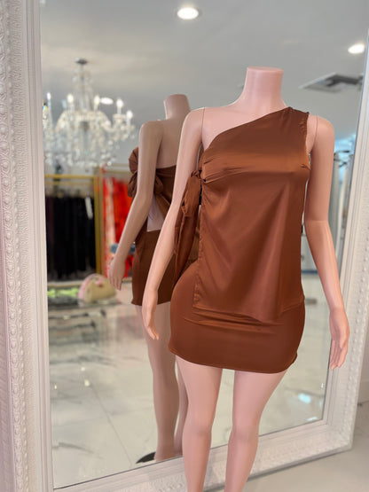 Lily Satin Ruched Skirt Set Brown