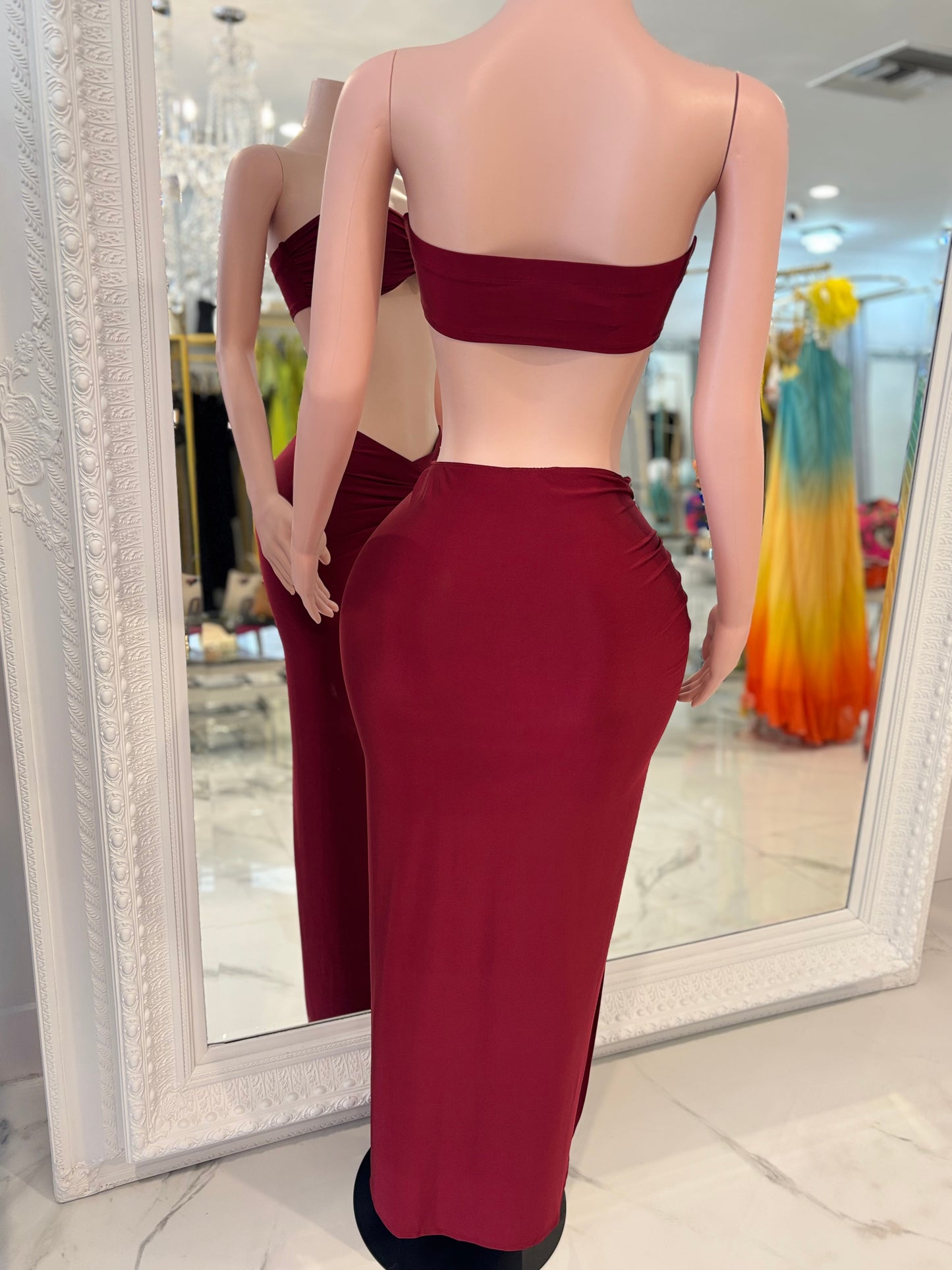 Rosette Mirage Ruched Skirt Set Red