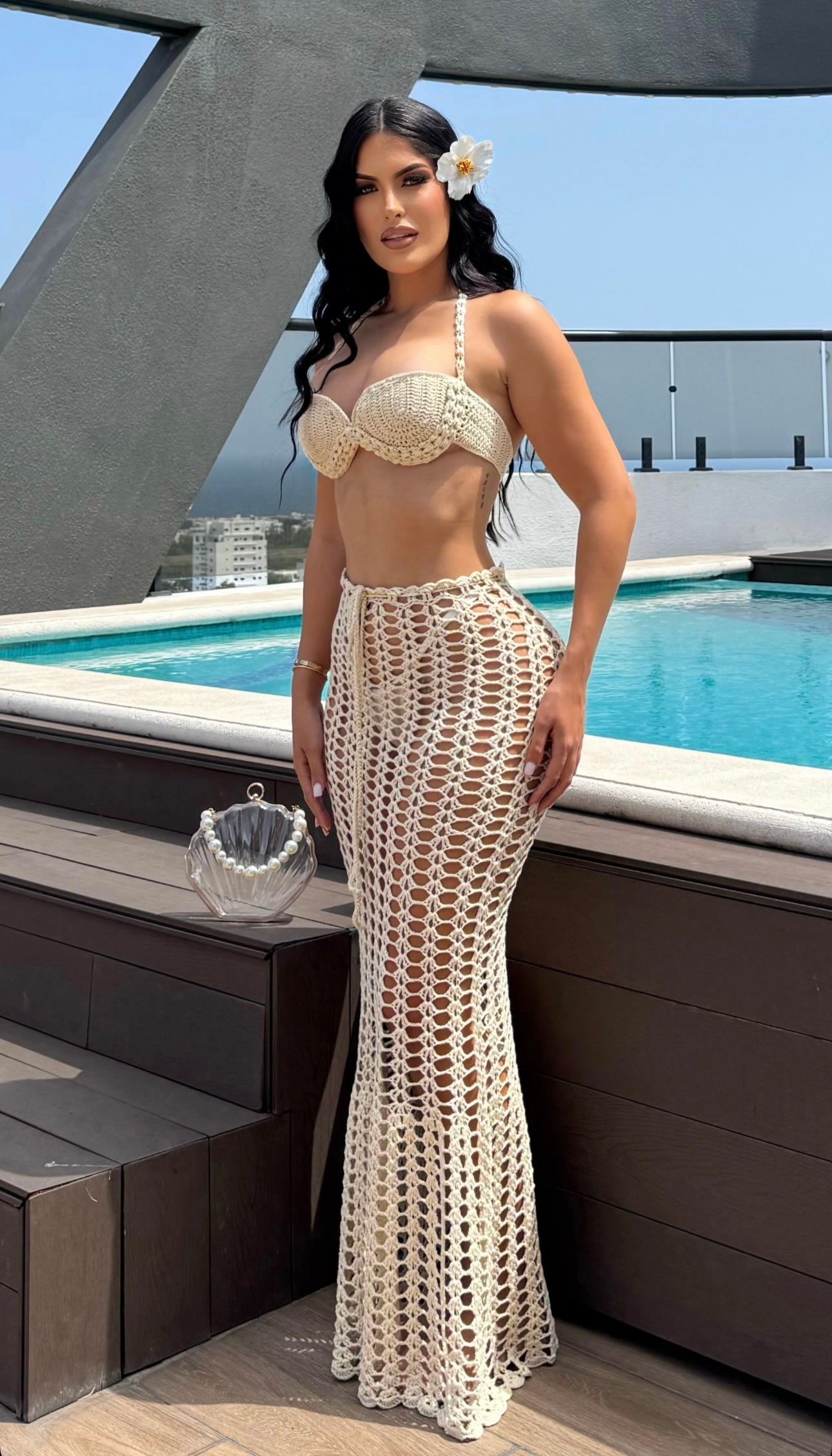 Sandshell Crochet Skirt Set Nude