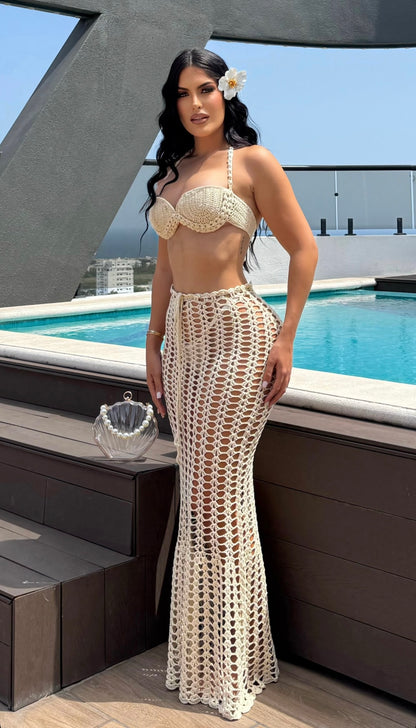 Sandshell Crochet Skirt Set Nude