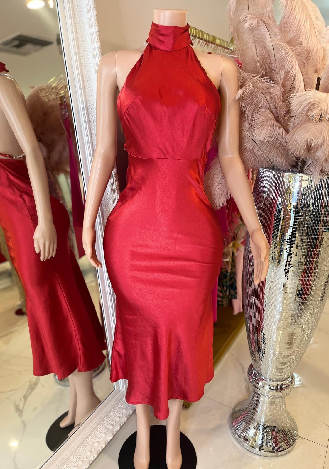 Luminous Drift Pearl Satin Maxi Dress Red