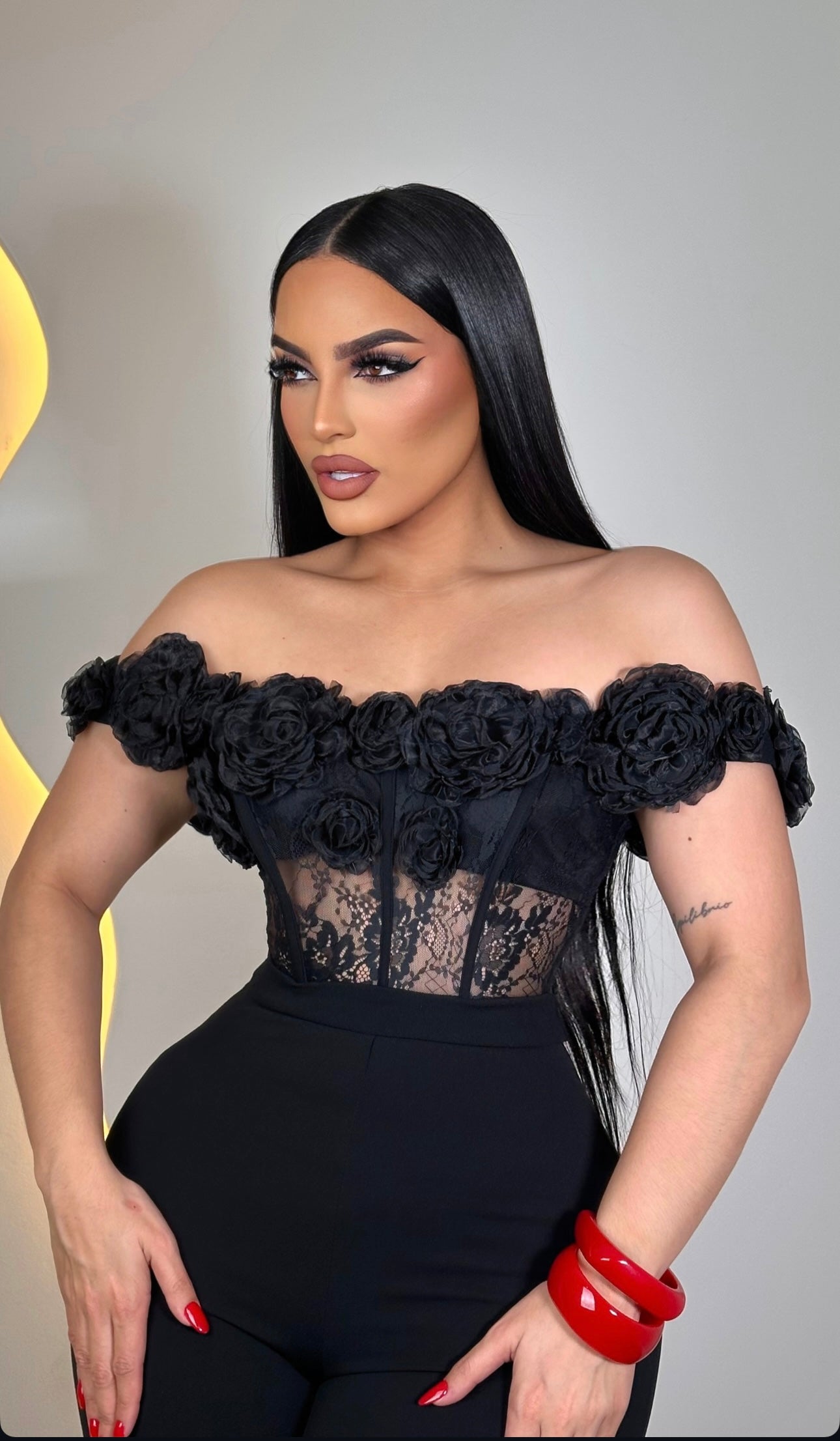 Rosette Lace Dream Floral Jumpsuit Black
