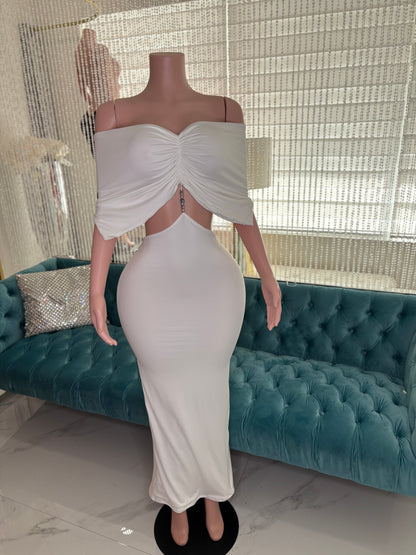 Moonlit Allure Ruched Maxi Dress White