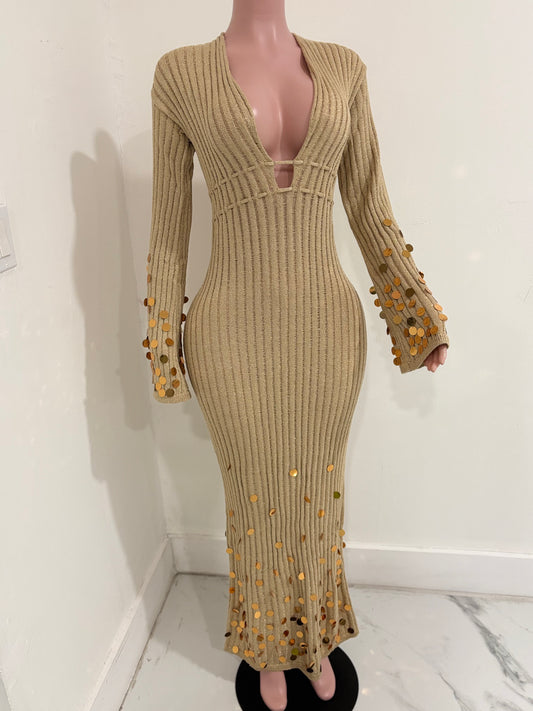 Solstice Glow Knit Sequin Maxi Dress Gold