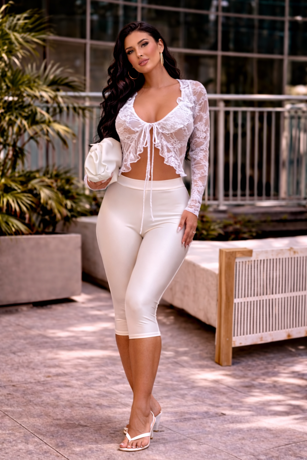 Romance Lace Floral Capri Set White