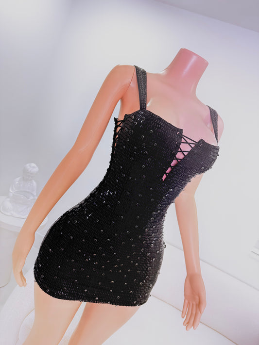 Queen Rhinestones Mini Dress Black