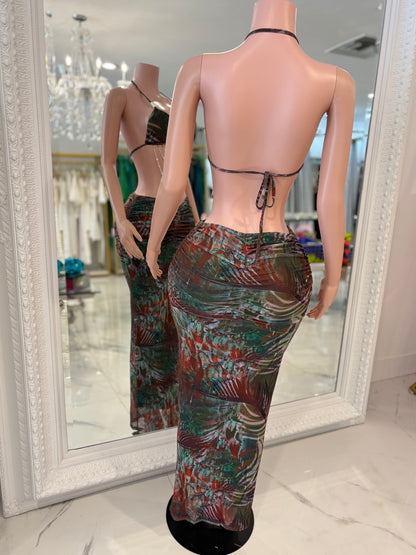 Jungle Mirage Pearl Mesh Ruched Skirt Set Green