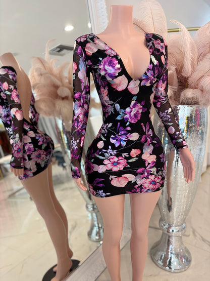 Vibrant Petal Mini Dress Black