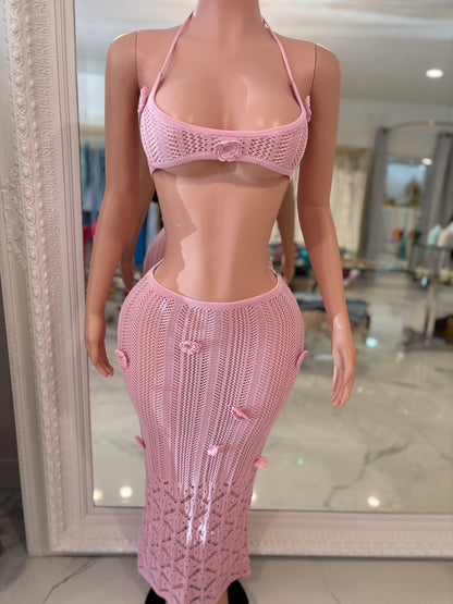 Rosé Knit Floral Crochet Skirt Set Pink