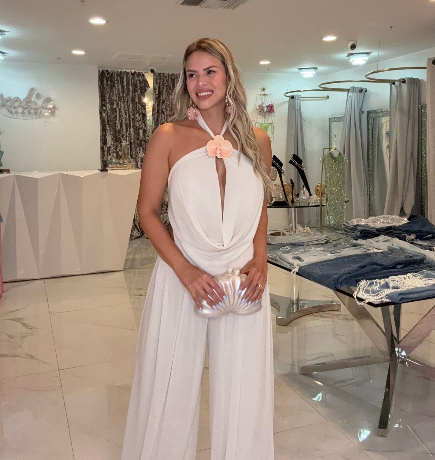 Fleur Drape Floral Ruched Pant Set Nude