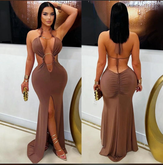Dark Seduction Ruched Maxi Dress Brown