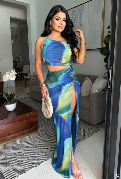 Dana Mesh Ruched Maxi Dress Green