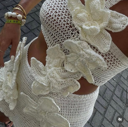 Lune Blanche Floral Crochet Mini Dress White