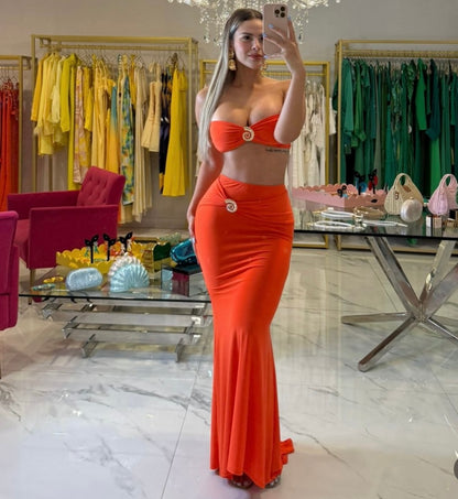 Sol Spiral Ruched Skirt Set Orange