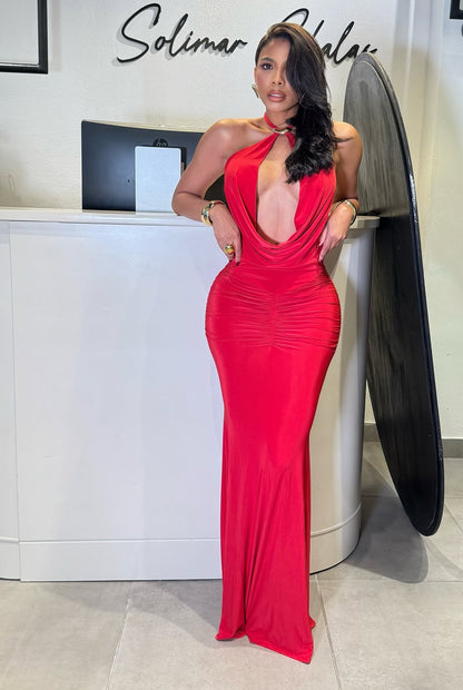 Split Intention Ruched Maxi Dress Red