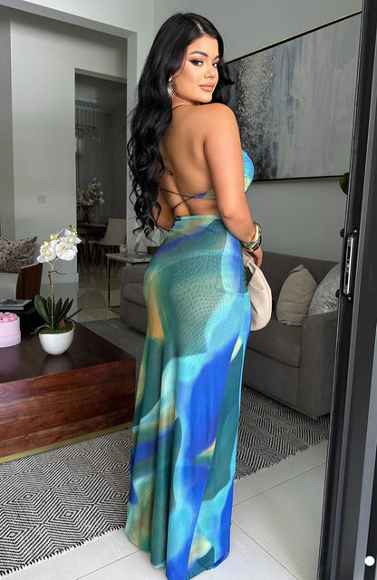 Dana Mesh Ruched Maxi Dress Green