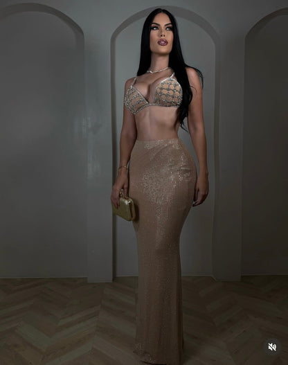 Lalo Rhinestone Skirt Set Nude