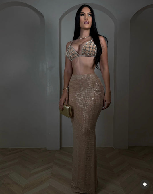 Lalo Rhinestone Skirt Set Nude