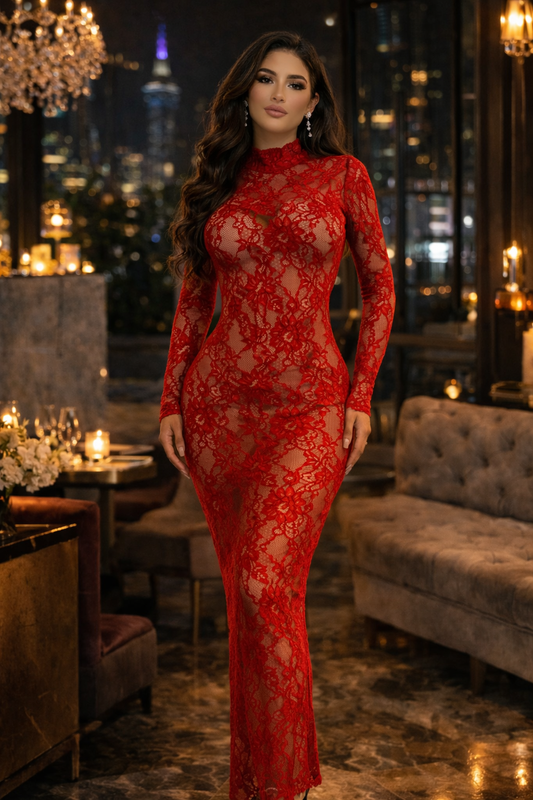 Fantasy Floral Lace Maxi Dress Red